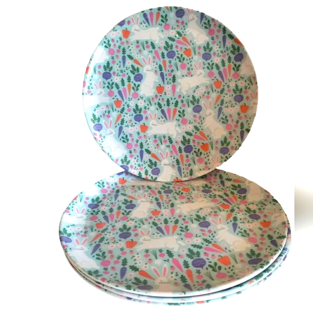 4pc Easter Bunny Rabbit Spring Melamine DINNER PLATES 11" New